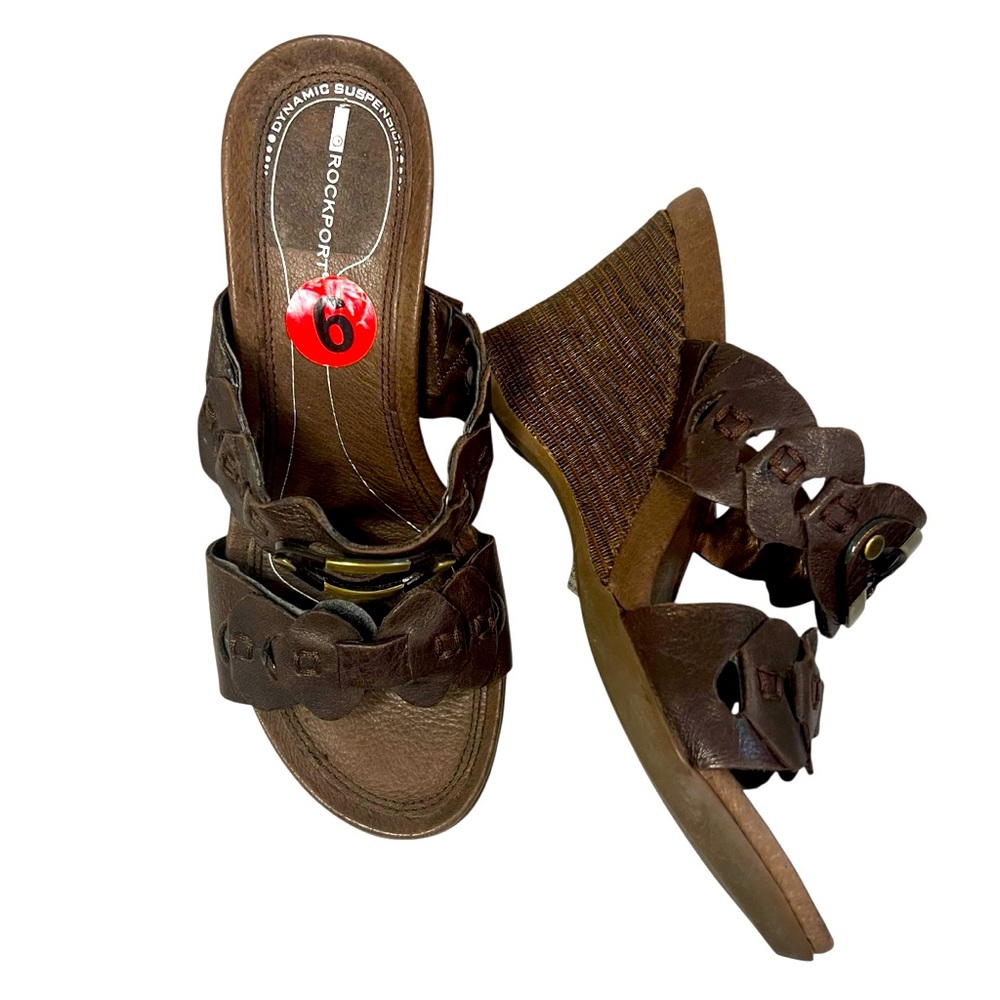 Rockport Chunky Strappy Wedge Heel Brown Leather Sandals Size 6